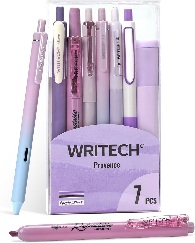 WRITECH أقلام جل للتدوين وأقلام تمييز: مجموعة دفتر أنيقة بألوان باستيل متنوعة حبر 0.5 مم نقطة رفيعة قابلة للسحب وقلم أسود 0.7 مم كتابة سلسة رسم بدون تسرب 7 قطع (بنفسجي) - Image 1